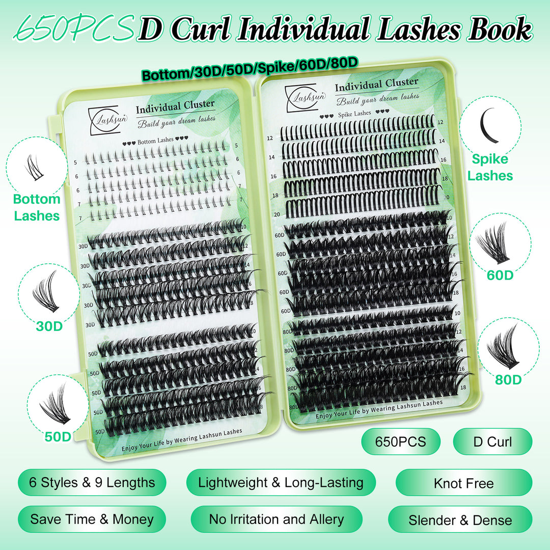 💫LASHSUN 650PCS D Curl Individual Lashes Book Kit with Bond & Seal
