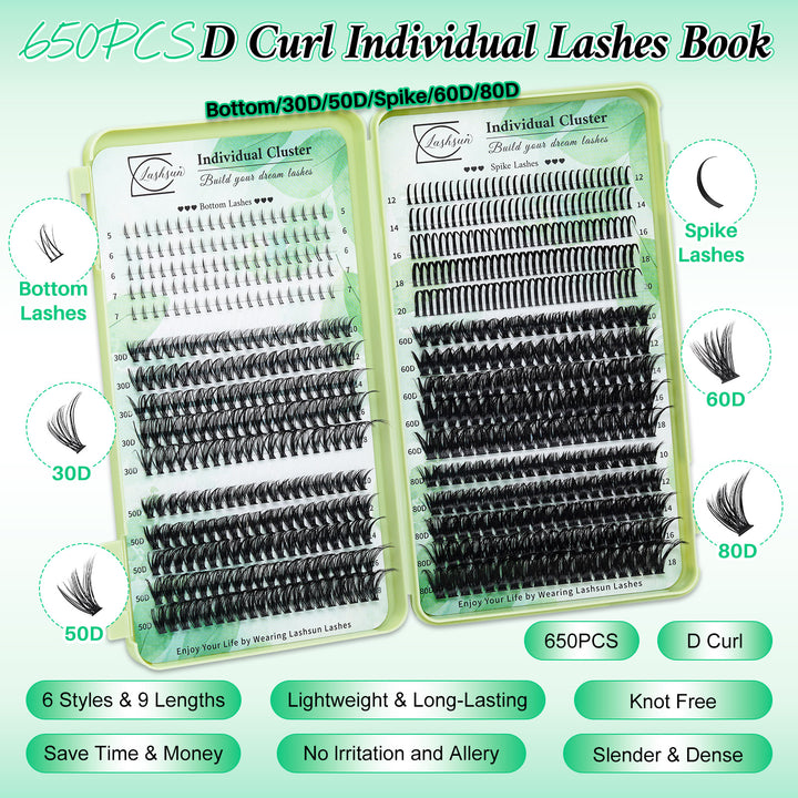 💫LASHSUN 650PCS D Curl Individual Lashes Book Kit with Bond & Seal