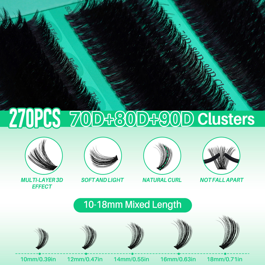 💫LASHSUN 270PCS D Curl Cluster Lashes Kit – 70D 80D 90D Volume Individual Lashes