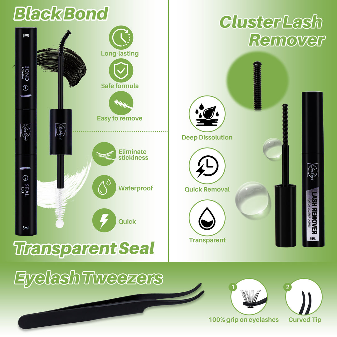 💫LASHSUN 456PCS D Curl Cluster Lashes Kit with Bond & Seal, Remover & Tweezers