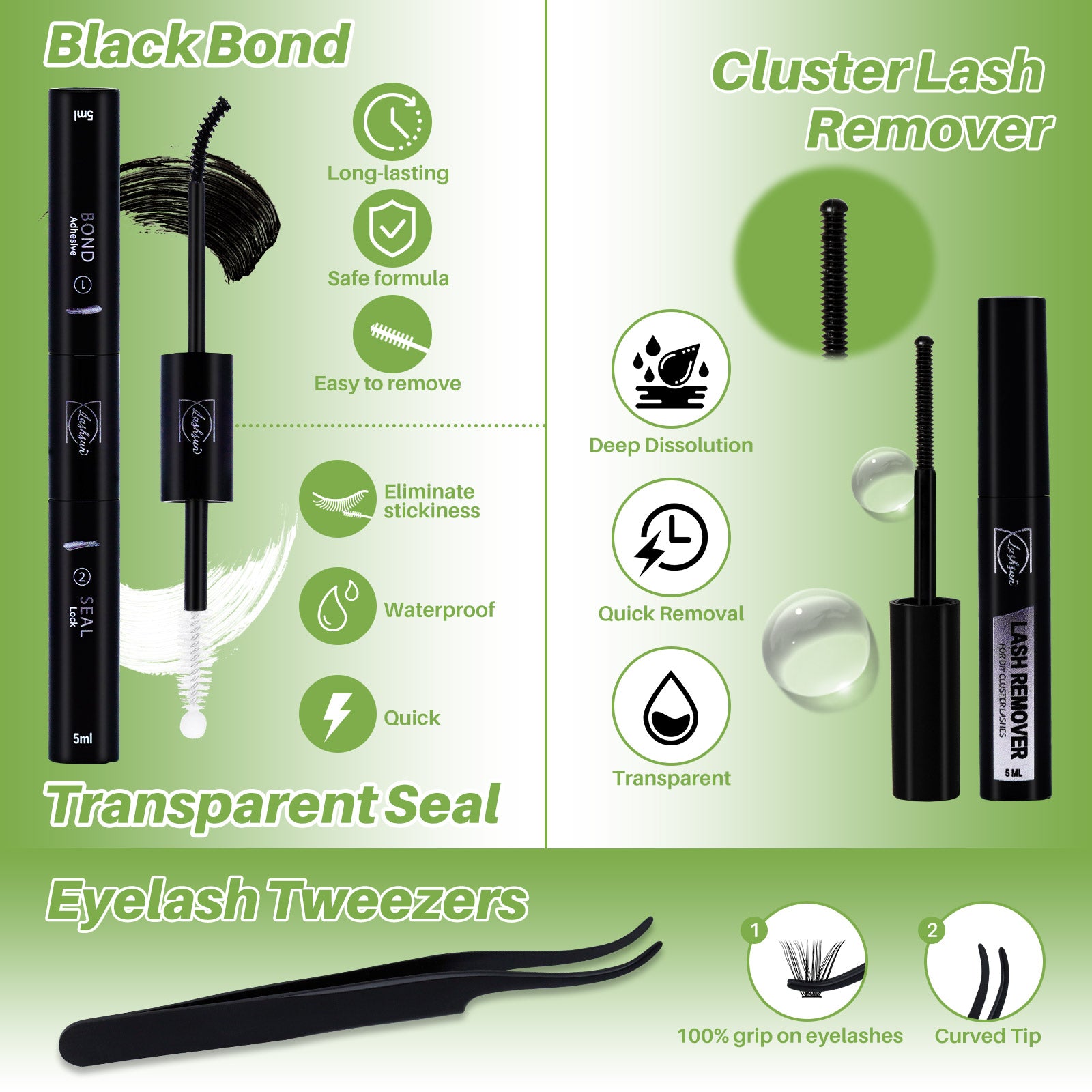 💫LASHSUN 456PCS D Curl Cluster Lashes Kit with Bond & Seal, Remover & Tweezers