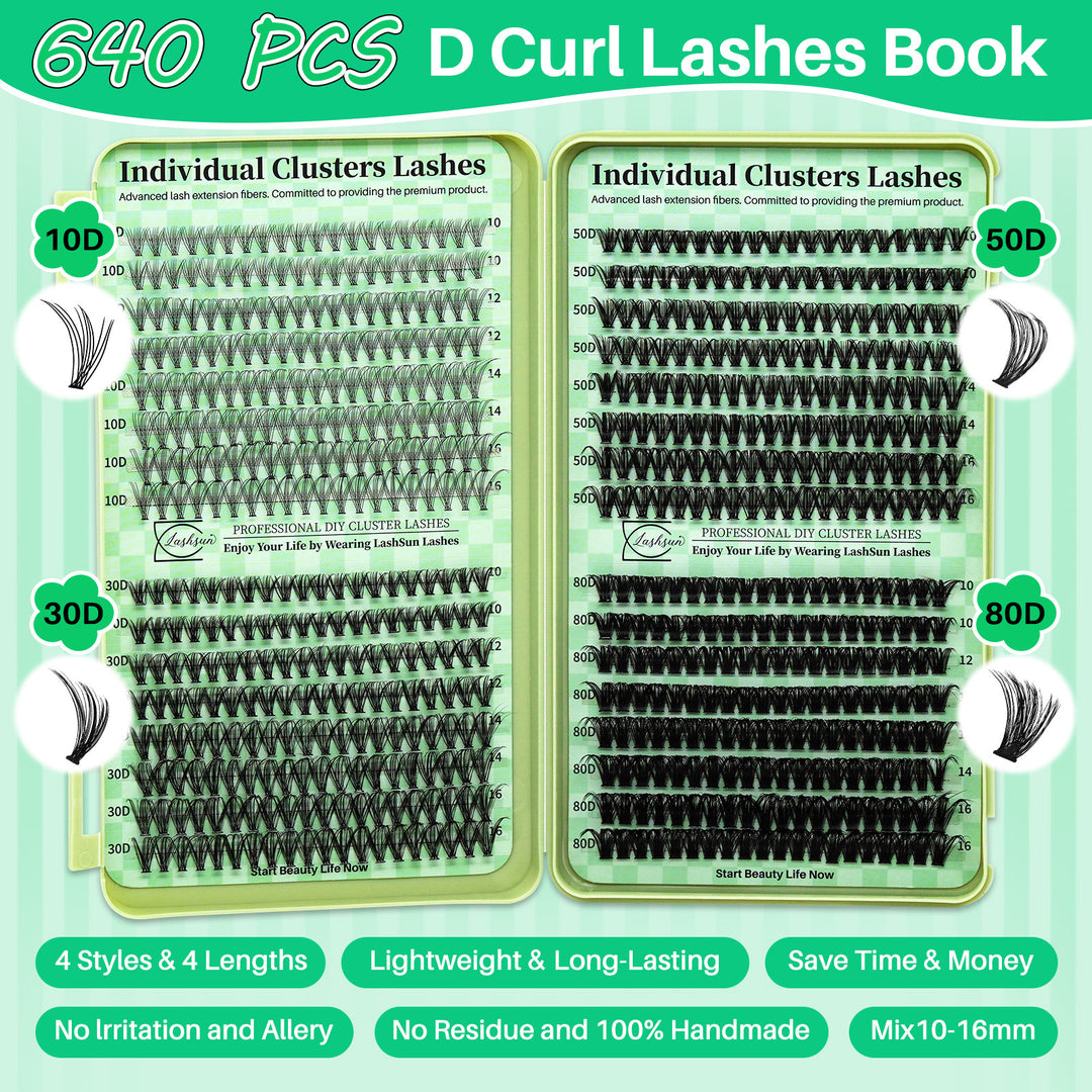 🎀LASHSUN Wispy Lash Clusters Kit 10D-30D-50D-80D with Bond & Seal