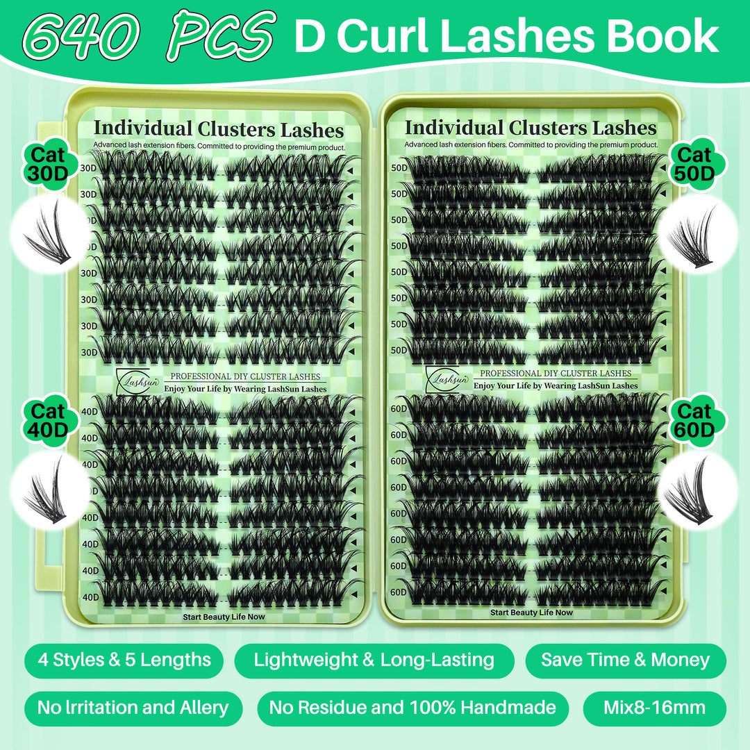 🎀LASHSUN 640PCS Cat Lash Book Kit D Curl with Bond & Seal