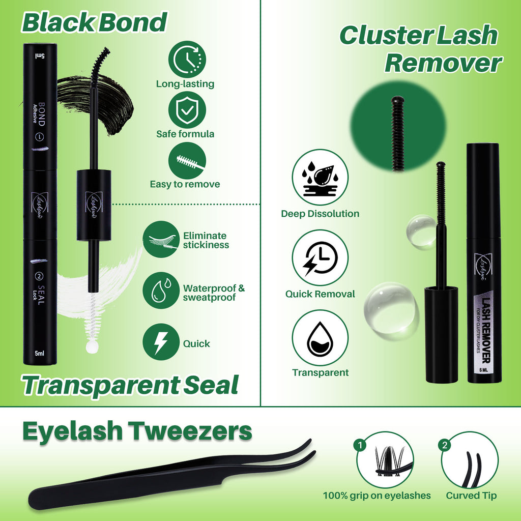 💫LASHSUN Mixed Length D Curl Lash Clusters Kit with Bond & Seal