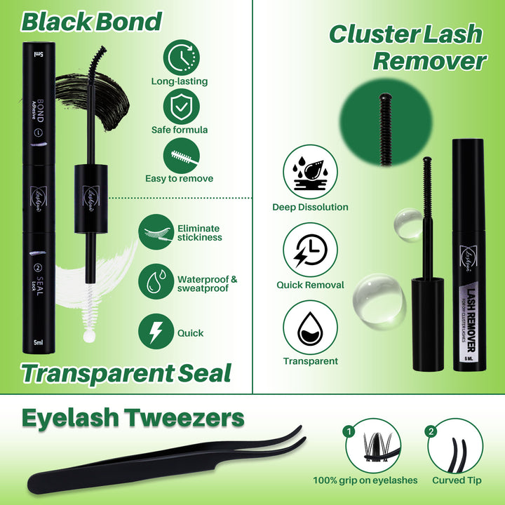 💫LASHSUN Mixed Length D Curl Lash Clusters Kit with Bond & Seal