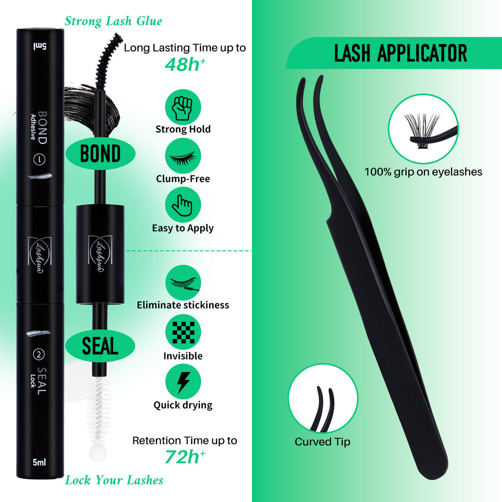 💫LASHSUN Lash Kit with Individual Lash Clusters, Bond & Seal, Tweezers and Travel Bag