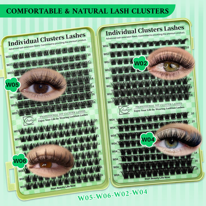🎀LASHSUN Wispy Lash Clusters Kit W02-W06 with Bond & Seal & Tweezers