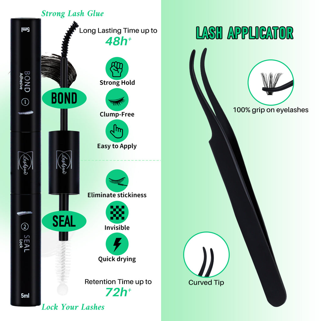 💫LASHSUN Cluster Lashes Washbag Kit – D Curl Lash Clusters with Bond & Seal & Travel Bag